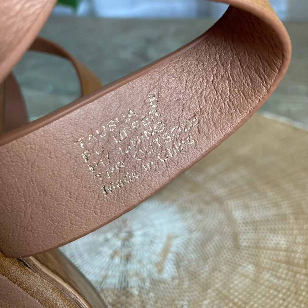 Womens Tan Leather Wedge Sandals - Classic Strappy Platform